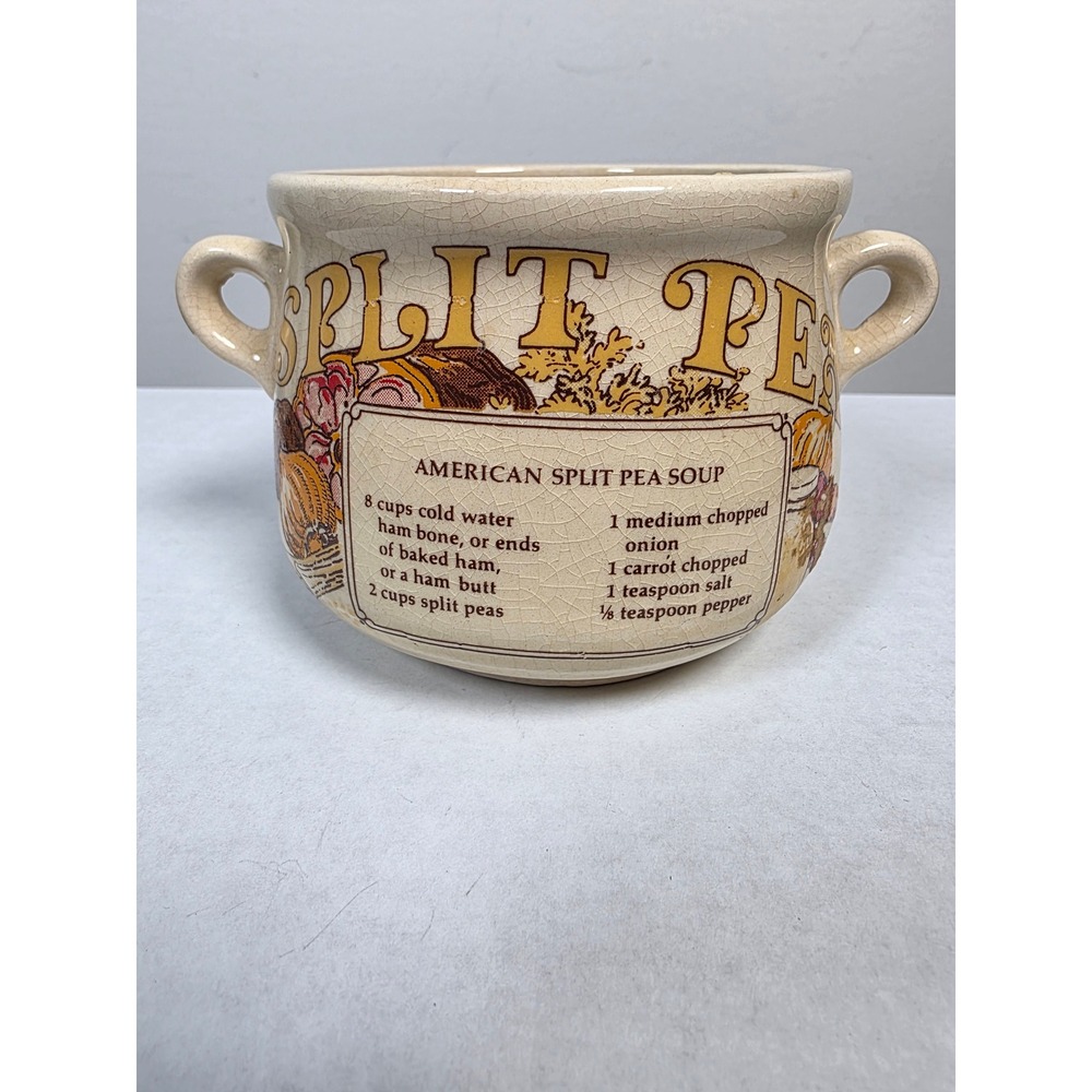 Vintage 1970s Split Pea Soup Recipe Mug Ceramic Bowl Double Handle Retro Kitchen